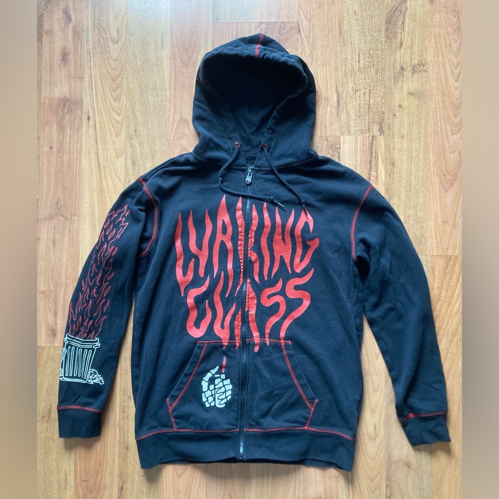 Lurking Class Mens Small Double Sided Black Hoodie Rare Flames Skeleton Lighter